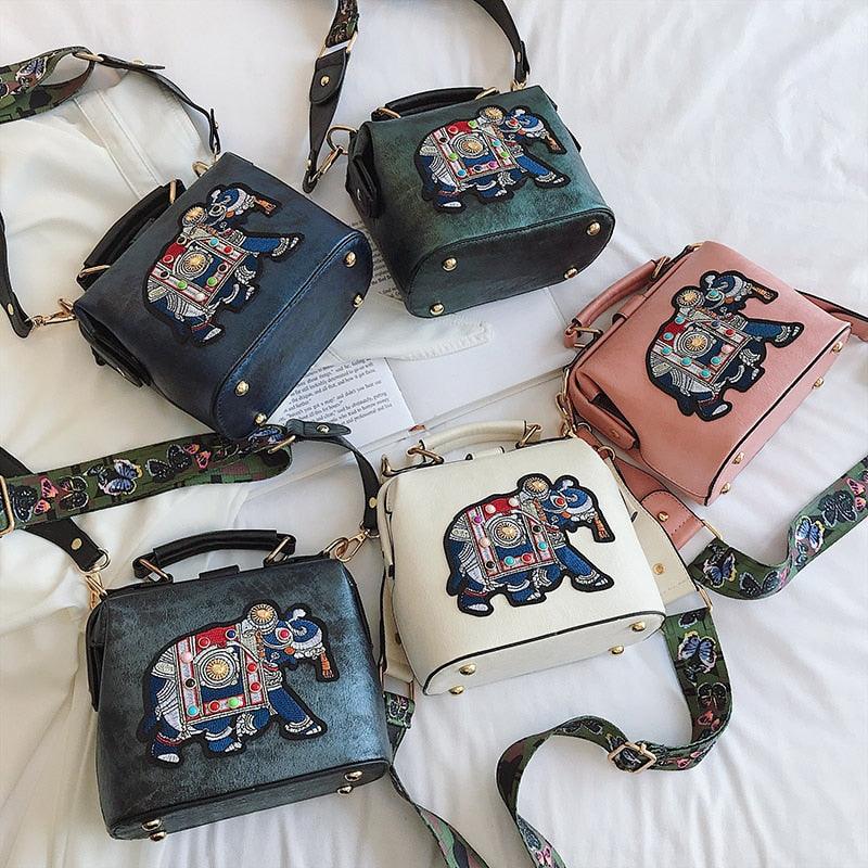 Embroidery Elephant Bag Wide Butterfly Strap PU Leather Women Shoulder Crossbody Bag - HABASH FASHION