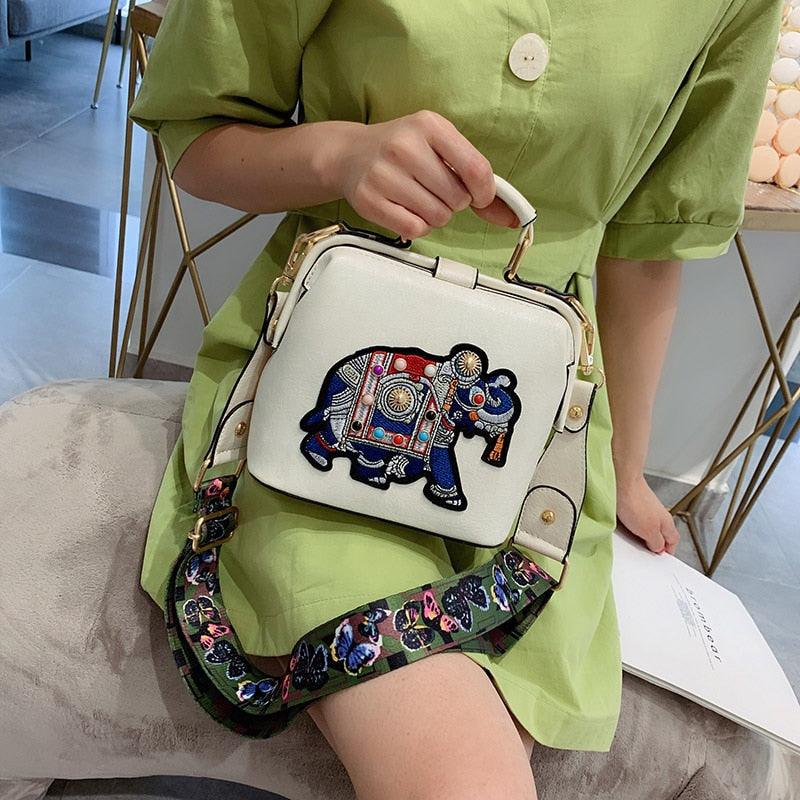 Embroidery Elephant Bag Wide Butterfly Strap PU Leather Women Shoulder Crossbody Bag - HABASH FASHION