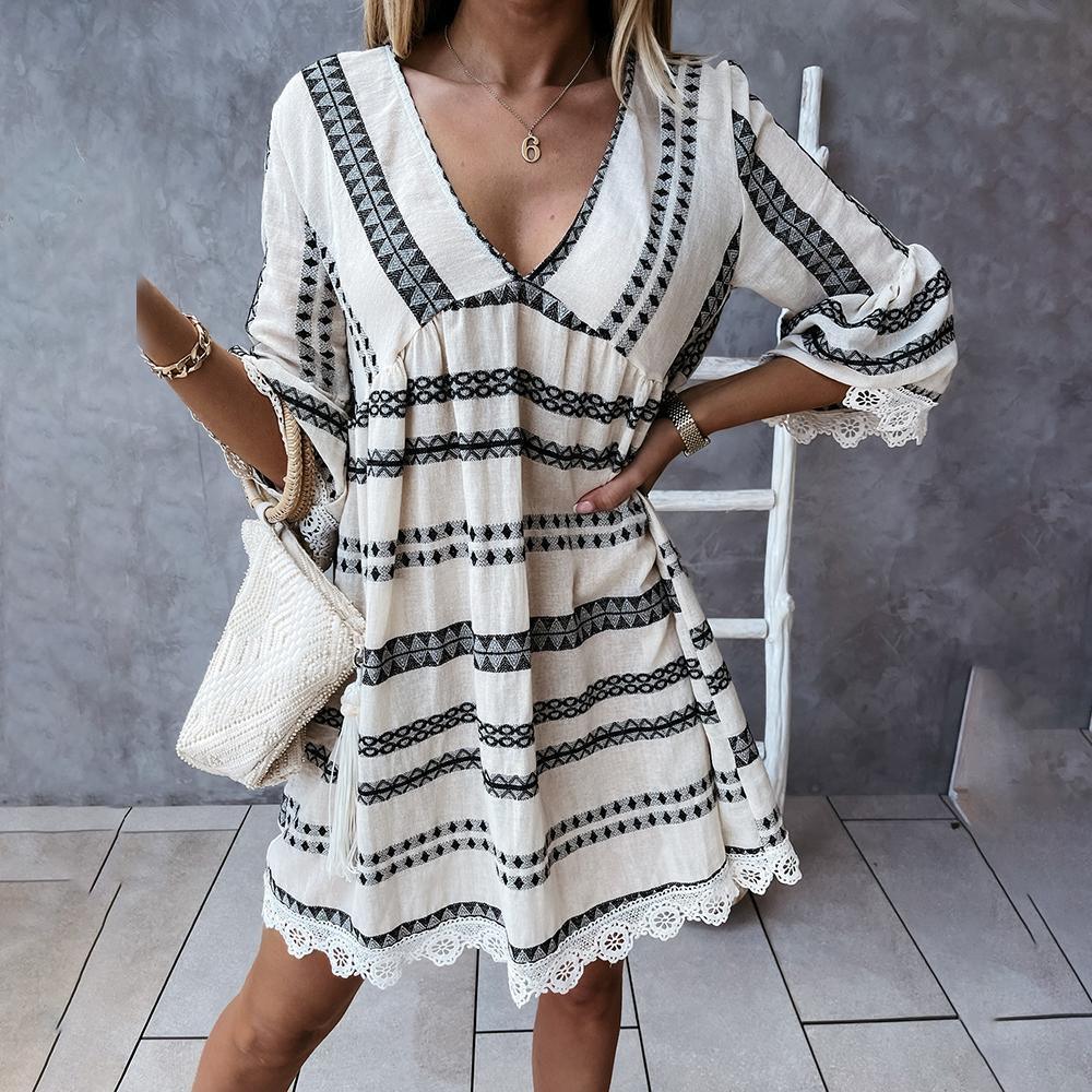 Fashion V-neck Half Sleeve Striped Beach Mini Dress - HABASH FASHION