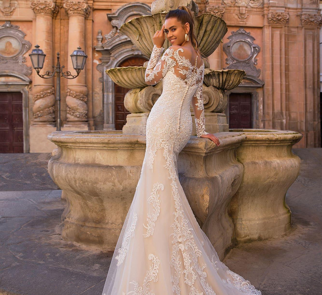 Mermaid-embellished lace sleeves wedding dress - HABASH FASHION