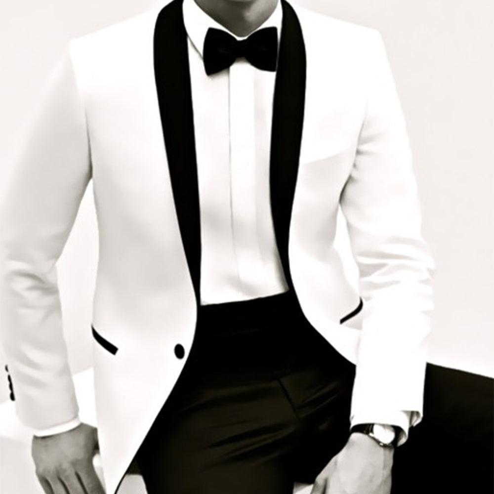 sarawan Custom Made White Tuxedo Jacket Black Shawl Lapel Black Pants - HABASH FASHION