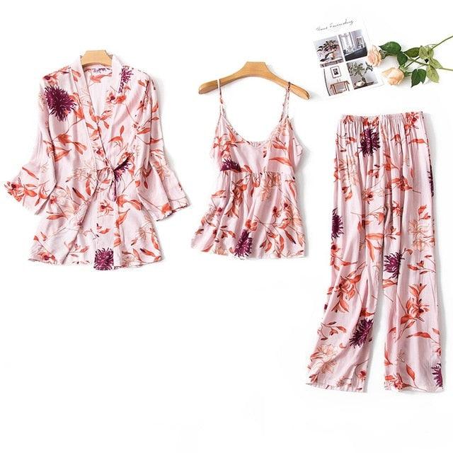 3Pcs Pjs Home Wear Floral Print Cotton Sexy Loose Sleep Nightwear Sets - HABASH FASHION