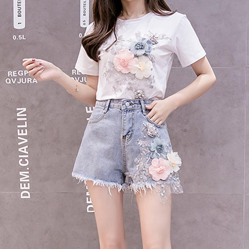 Denim shorts + 3D embroidery T-shirt - HABASH FASHION