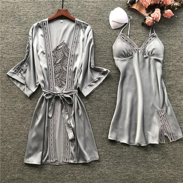 2Pcs Sexy Home Wear Night Dress with Chest Pads - HABASH FASHION