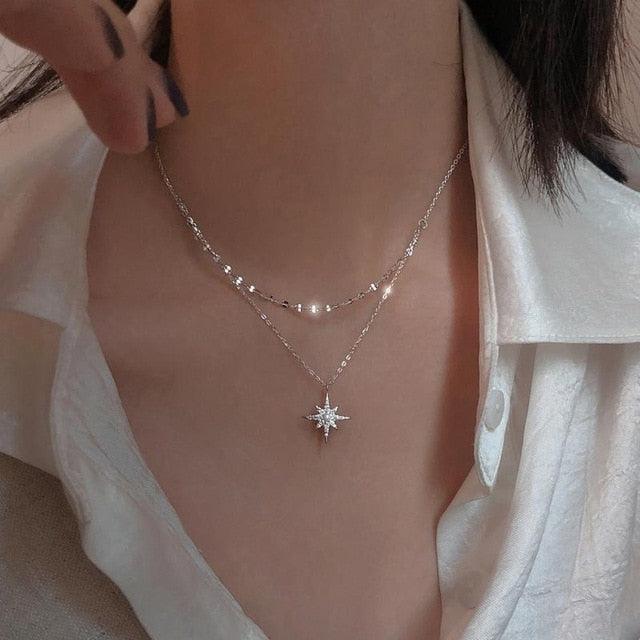 s925 Sterling Silver Star Moon Double Necklace Women Clavicle Chain Shiny Diamond Fashion - HABASH FASHION