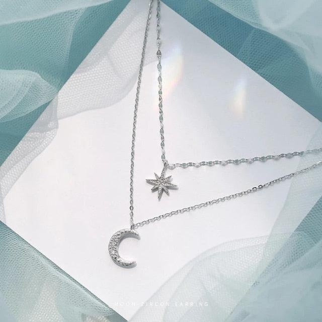 s925 Sterling Silver Star Moon Double Necklace Women Clavicle Chain Shiny Diamond Fashion - HABASH FASHION