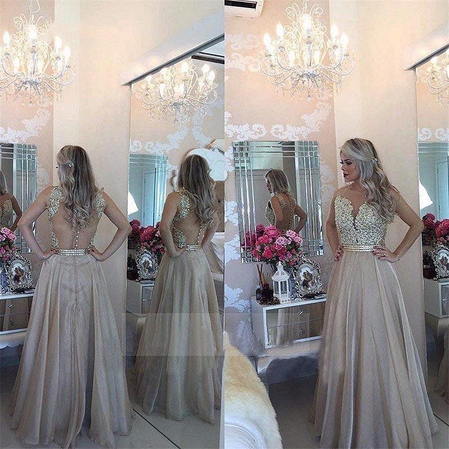 Sleeveless Sheer Back Lace Applique Chiffon Prom Dress - HABASH FASHION