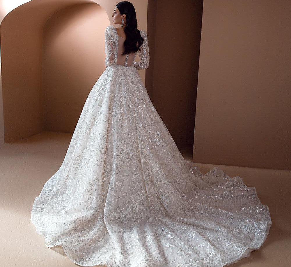 Long sleeve embellished embroidered wedding dress - HABASH FASHION