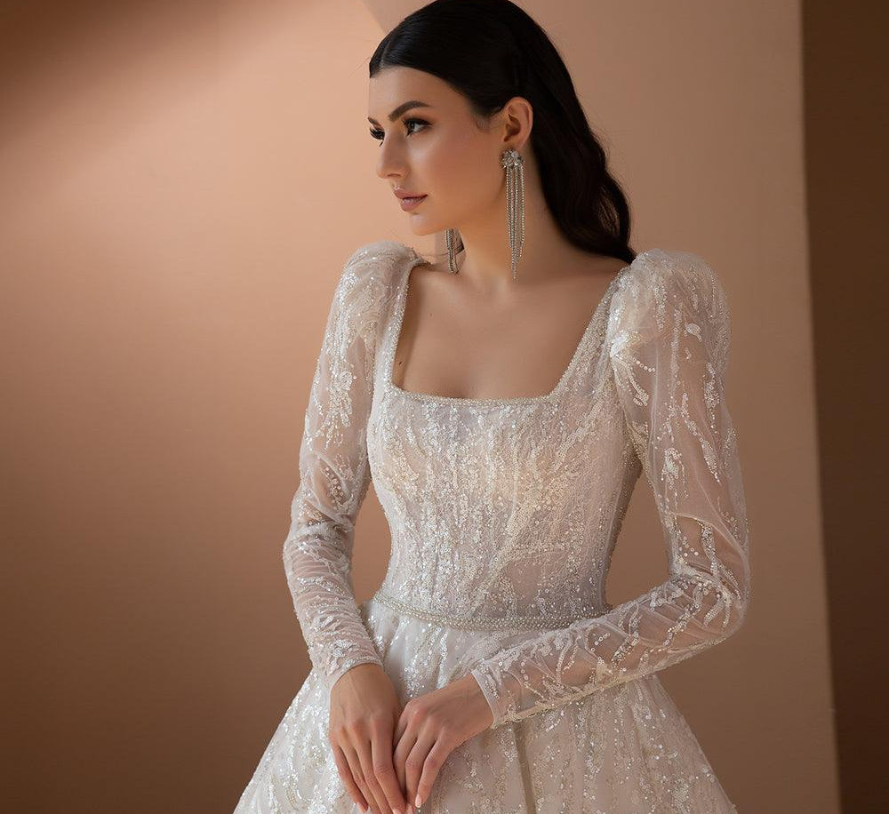 Long sleeve embellished embroidered wedding dress - HABASH FASHION