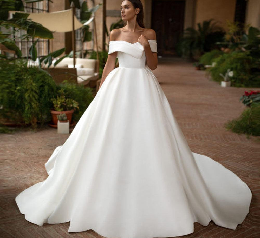 Off the shoulder and sleeveless satin wedding dress - HABASH FASHION
