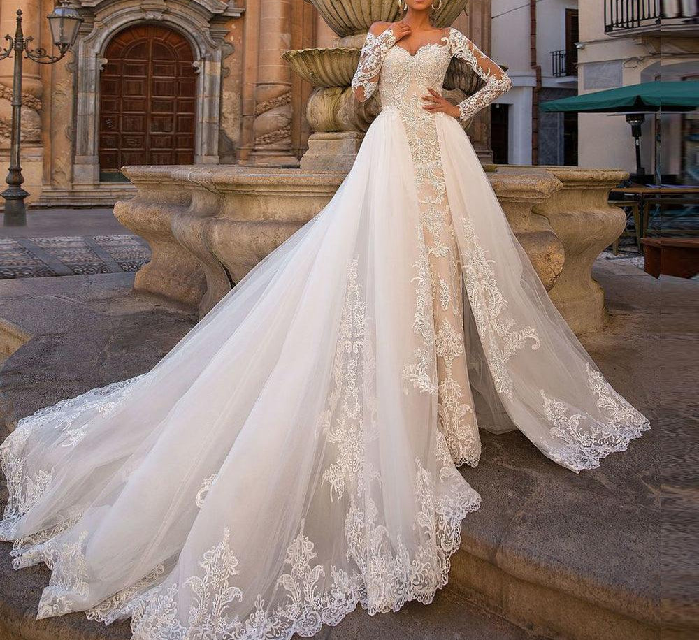 Mermaid-embellished lace sleeves wedding dress - HABASH FASHION