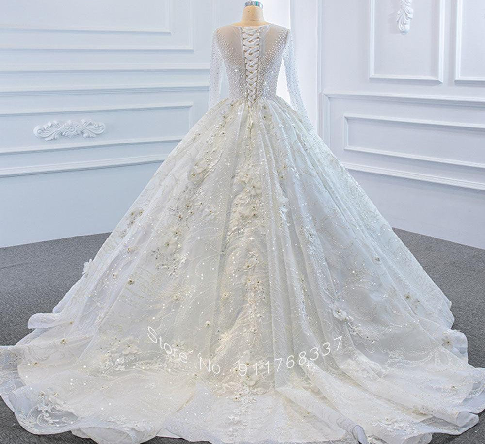Handmade pearl beaded long sleeve wedding dress - HABASH FASHION