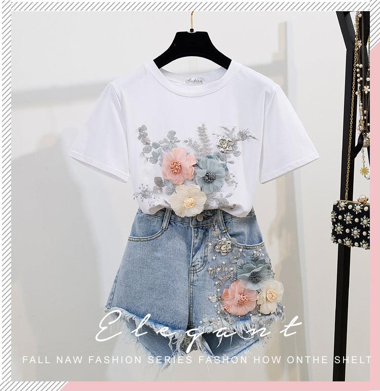 Denim shorts + 3D embroidery T-shirt - HABASH FASHION