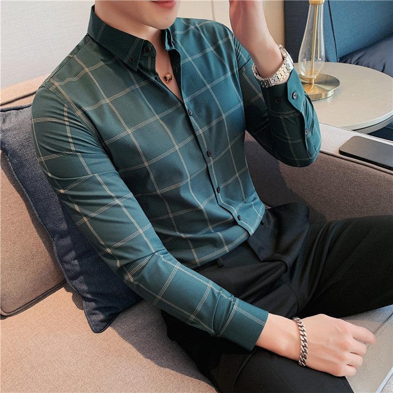 Business Casual Plaid Shirt Men Formal Dress Slim - HABASH FASHION