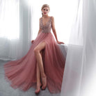 Evening Dress V-Neck High Split Tulle Sweep Train Sleeveless Prom Gown A-line Lace Up Backless - HABASH FASHION