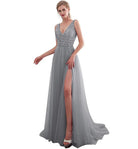 Evening Dress V-Neck High Split Tulle Sweep Train Sleeveless Prom Gown A-line Lace Up Backless - HABASH FASHION