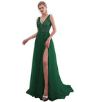 Evening Dress V-Neck High Split Tulle Sweep Train Sleeveless Prom Gown A-line Lace Up Backless - HABASH FASHION