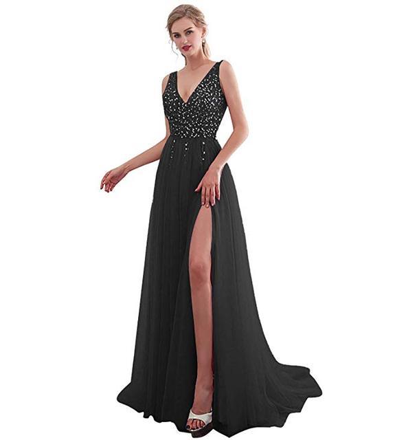 Evening Dress V-Neck High Split Tulle Sweep Train Sleeveless Prom Gown A-line Lace Up Backless - HABASH FASHION