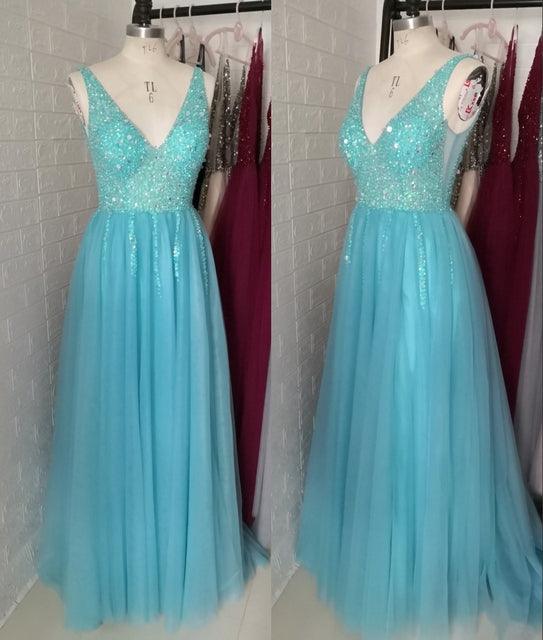 Evening Dress V-Neck High Split Tulle Sweep Train Sleeveless Prom Gown A-line Lace Up Backless - HABASH FASHION