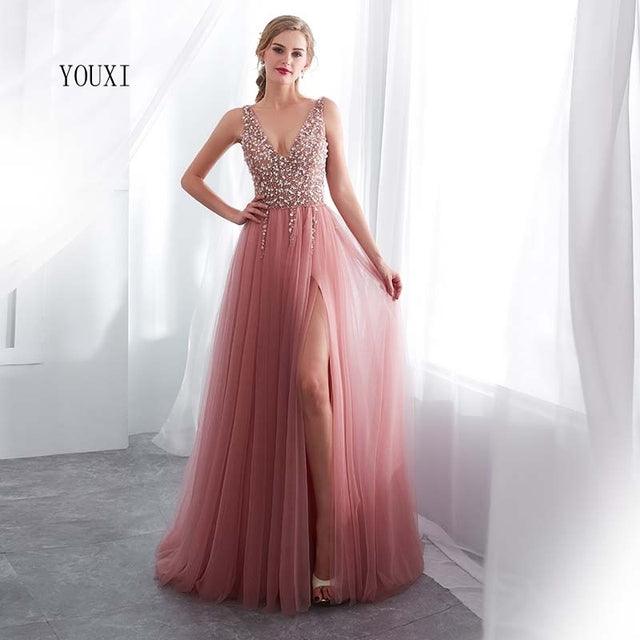 Evening Dress V-Neck High Split Tulle Sweep Train Sleeveless Prom Gown A-line Lace Up Backless - HABASH FASHION