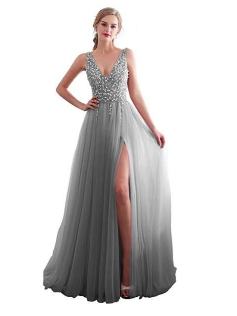 Evening Dress V-Neck High Split Tulle Sweep Train Sleeveless Prom Gown A-line Lace Up Backless - HABASH FASHION