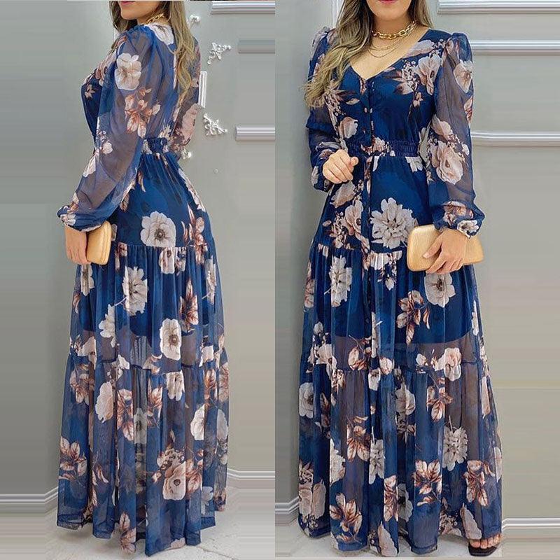 Long Sleeve Lantern Floral Print Chiffon Maxi Dress - HABASH FASHION