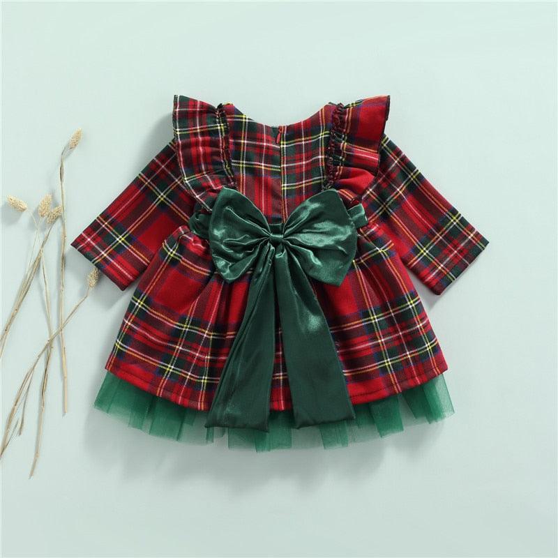 Girls Princess Christmas Dress Long Sleeve Plaid Bowknot Tulle - HABASH FASHION