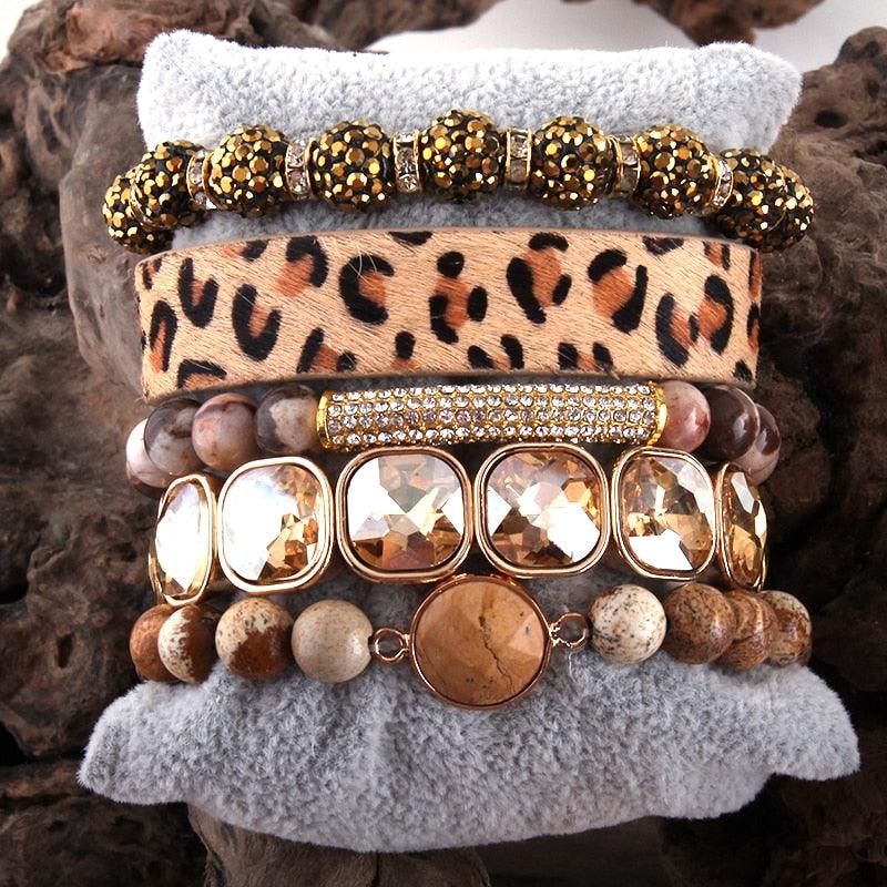 Leather Bracelet Set 5 Pieces Handmade Natural Stone - HABASH FASHION