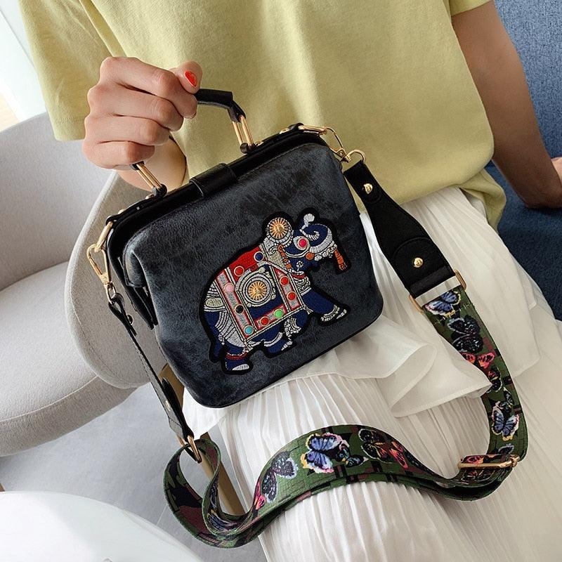 Embroidery Elephant Bag Wide Butterfly Strap PU Leather Women Shoulder Crossbody Bag - HABASH FASHION
