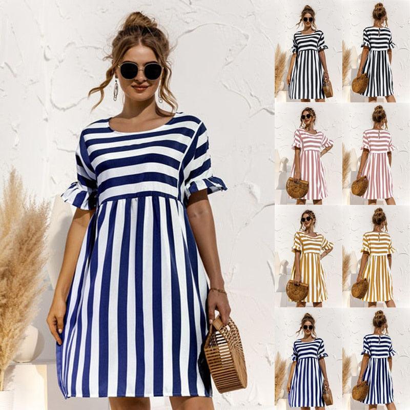 Cute Women Summer Dress Loose Striped Print Ruffle Sleeve Elegant Dresses - HABASH FASHION