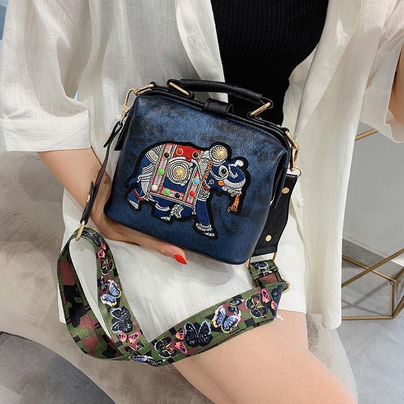 Embroidery Elephant Bag Wide Butterfly Strap PU Leather Women Shoulder Crossbody Bag - HABASH FASHION