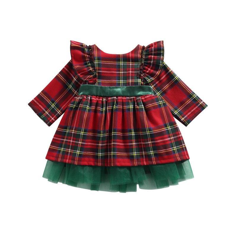 Girls Princess Christmas Dress Long Sleeve Plaid Bowknot Tulle - HABASH FASHION