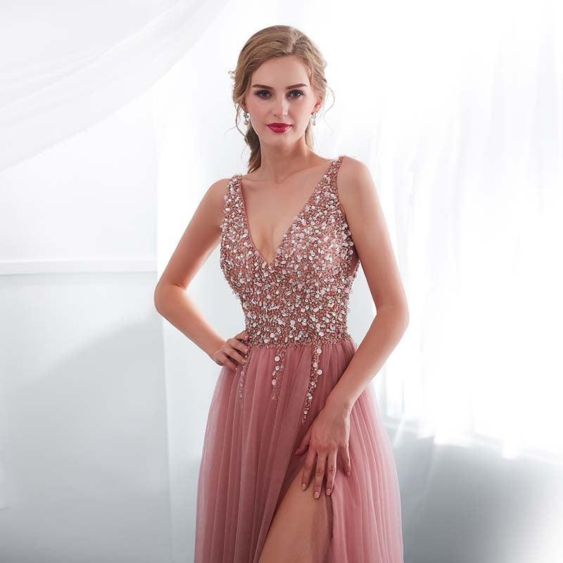 Evening Dress V-Neck High Split Tulle Sweep Train Sleeveless Prom Gown A-line Lace Up Backless - HABASH FASHION