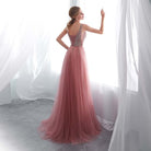 Evening Dress V-Neck High Split Tulle Sweep Train Sleeveless Prom Gown A-line Lace Up Backless - HABASH FASHION