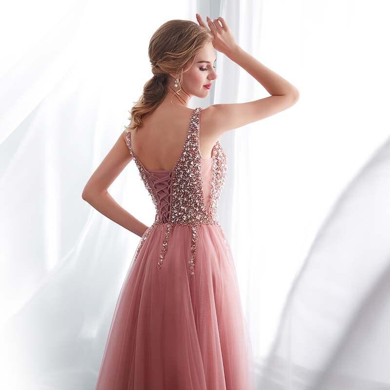 Evening Dress V-Neck High Split Tulle Sweep Train Sleeveless Prom Gown A-line Lace Up Backless - HABASH FASHION