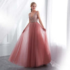 Evening Dress V-Neck High Split Tulle Sweep Train Sleeveless Prom Gown A-line Lace Up Backless - HABASH FASHION