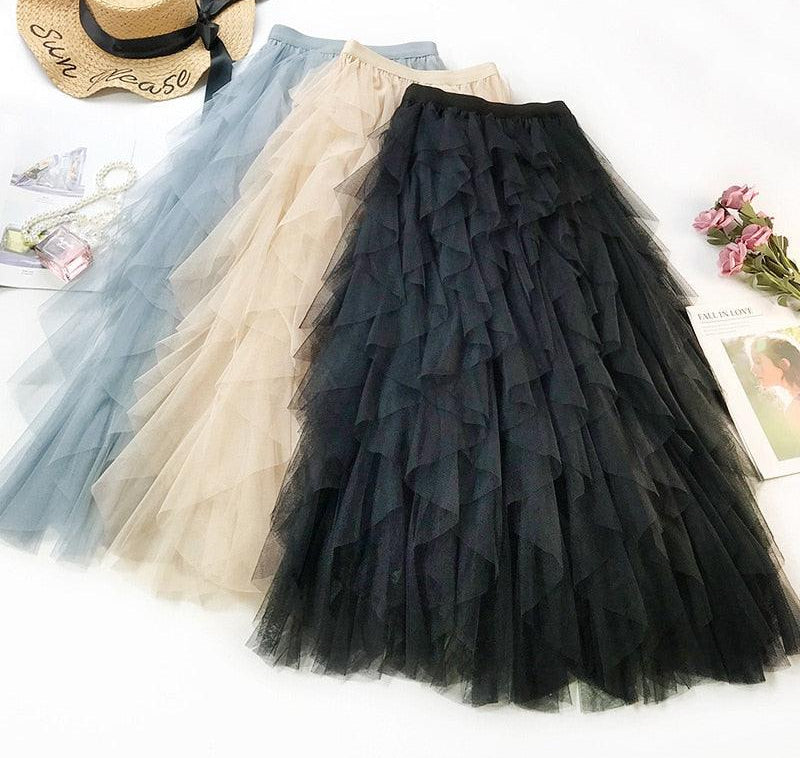 One Size Summer Tulle Skirt Women Boho Long Skirt High Waist Ruffles - HABASH FASHION