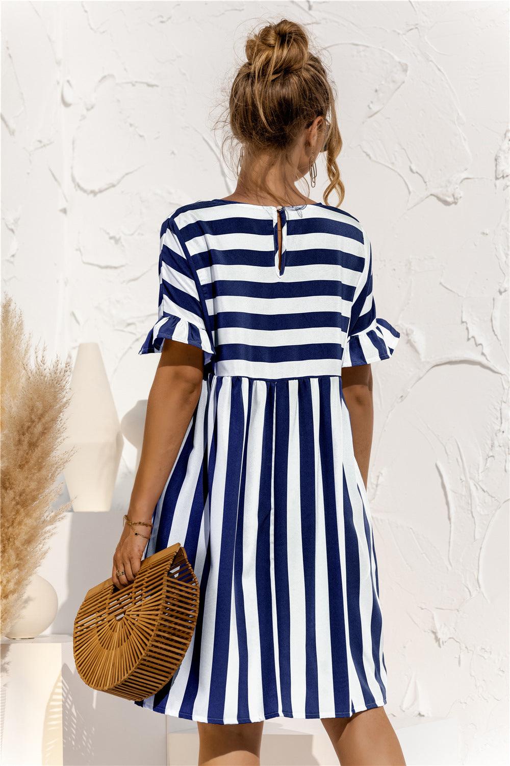 Cute Women Summer Dress Loose Striped Print Ruffle Sleeve Elegant Dresses - HABASH FASHION