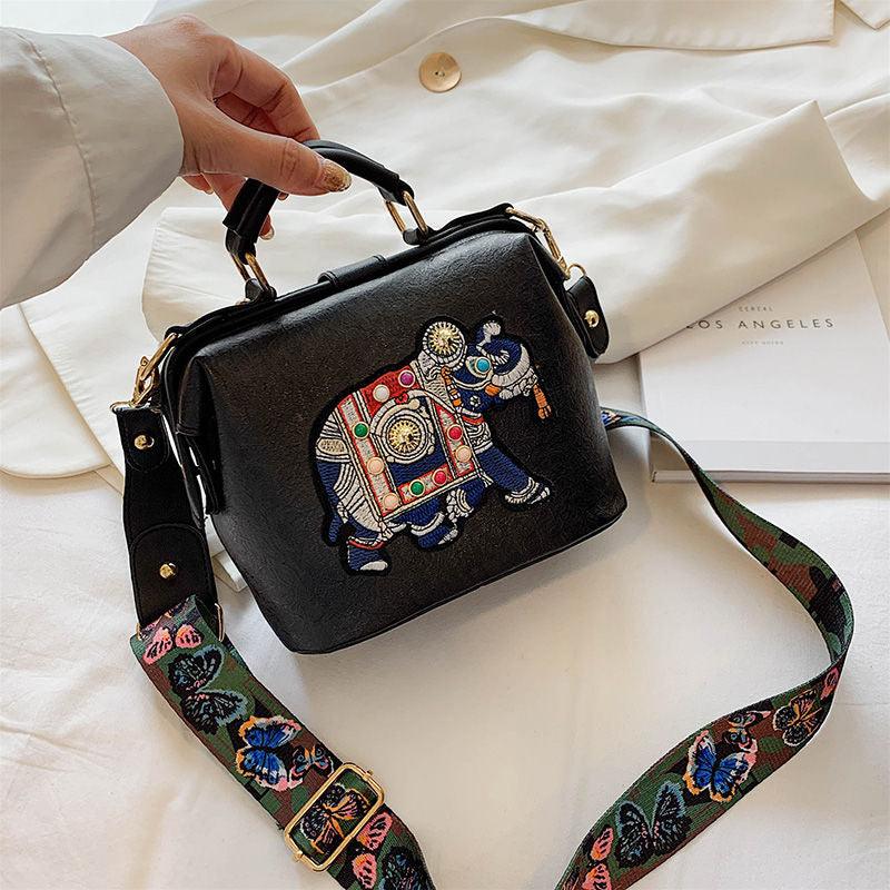Embroidery Elephant Bag Wide Butterfly Strap PU Leather Women Shoulder Crossbody Bag - HABASH FASHION