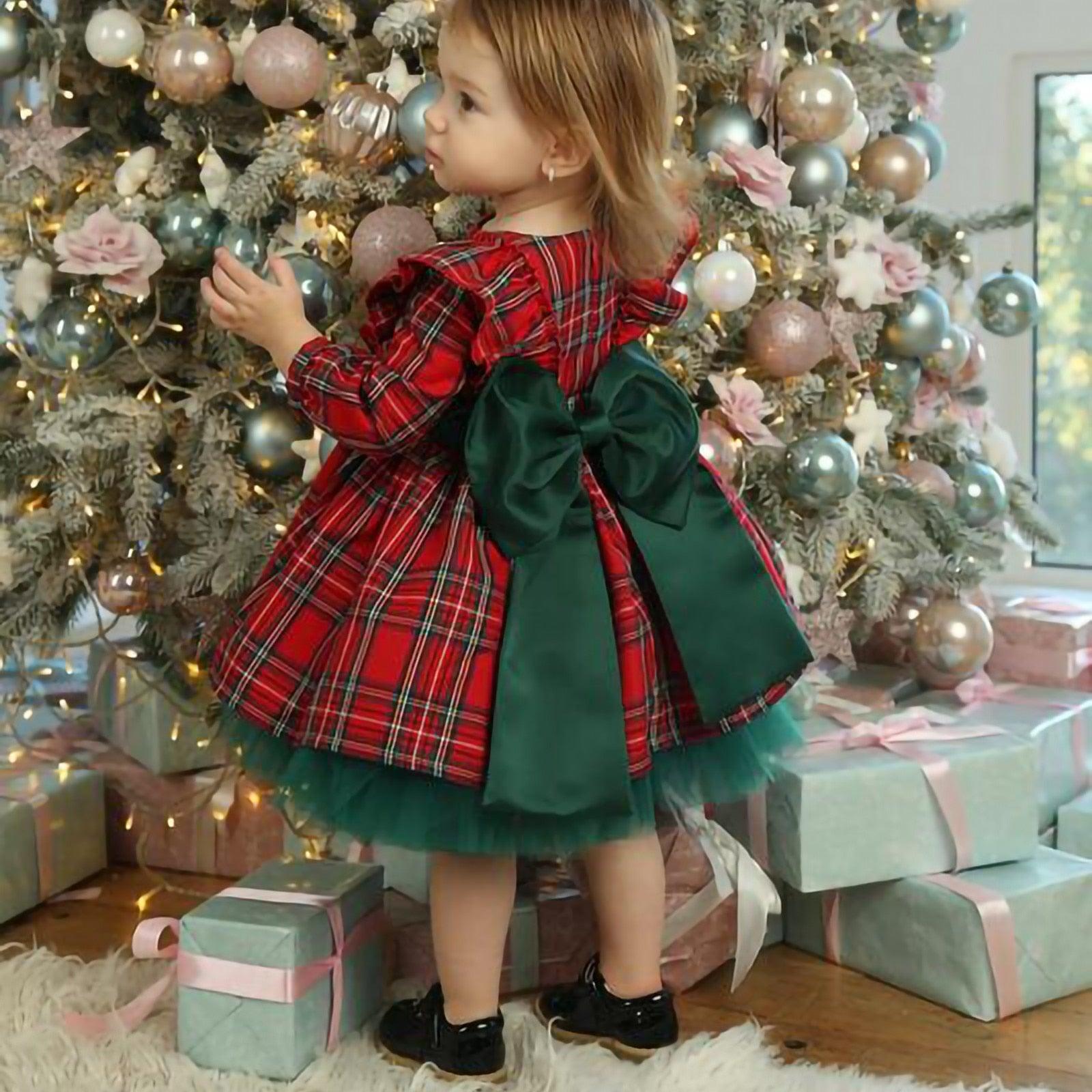 Girls Princess Christmas Dress Long Sleeve Plaid Bowknot Tulle - HABASH FASHION