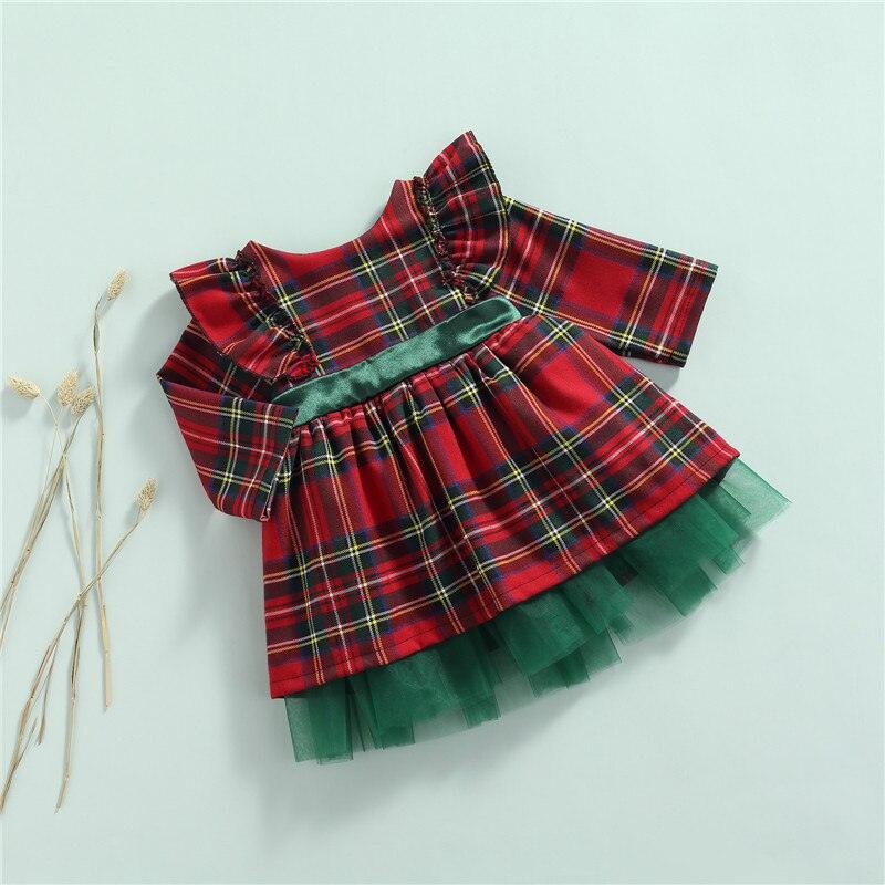 Girls Princess Christmas Dress Long Sleeve Plaid Bowknot Tulle - HABASH FASHION