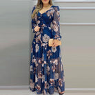 Long Sleeve Lantern Floral Print Chiffon Maxi Dress - HABASH FASHION