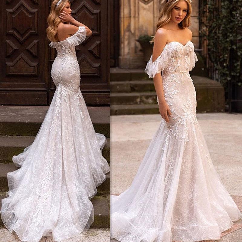 Luxury Cap Sleeves Lace Mermaid Wedding Dress 2022 Sweetheart Tulle Wedding Dress With Sexy Backless Bowknot Train - HABASH FASHION