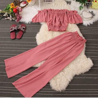 New high waist wide waist pants + off the shoulder slash neck short two-piece set - HABASH FASHION