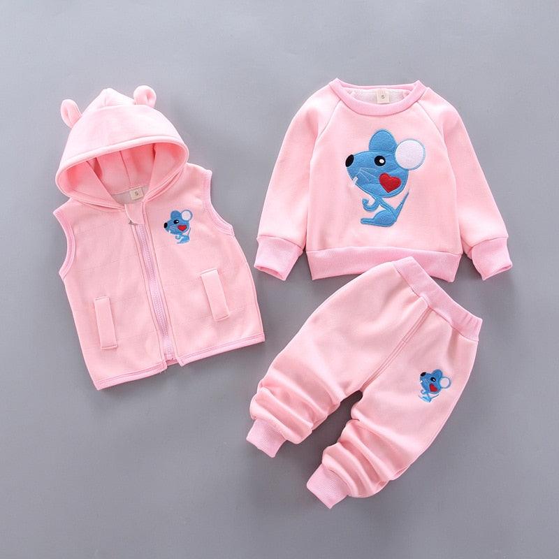 Baby clothes autumn and winter pure cotton thick warm hoodie cartoon cute bear three-piece suit baby girl - HABASH FASHION