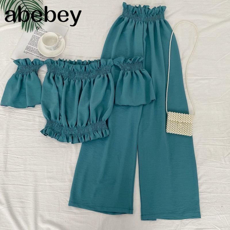 New high waist wide waist pants + off the shoulder slash neck short two-piece set - HABASH FASHION