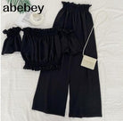 New high waist wide waist pants + off the shoulder slash neck short two-piece set - HABASH FASHION