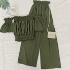 New high waist wide waist pants + off the shoulder slash neck short two-piece set - HABASH FASHION