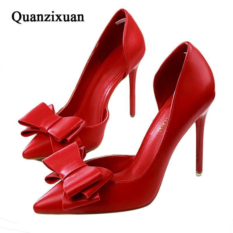 Bowknot shoes side hollow pointed Stiletto Heels women pumps - HABASH FASHION