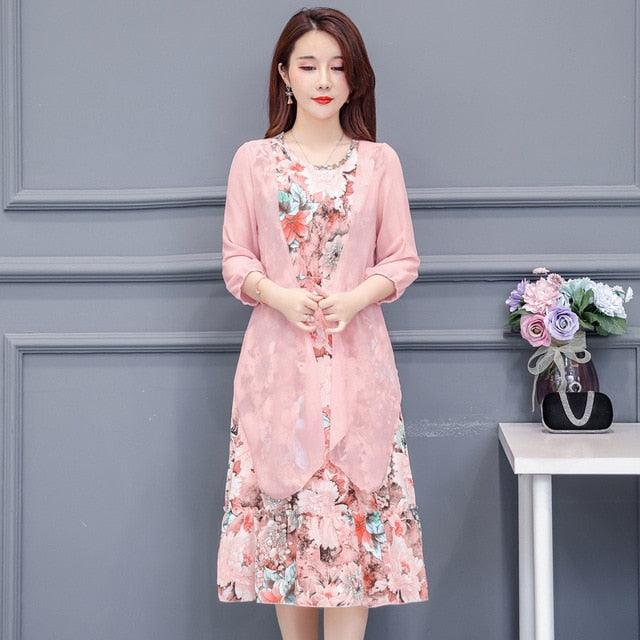 Large Size Summer Dress Women Floral Print Long Chiffon Dresses Two-Piece Set Womens Dresses Plus Size - HABASH FASHION